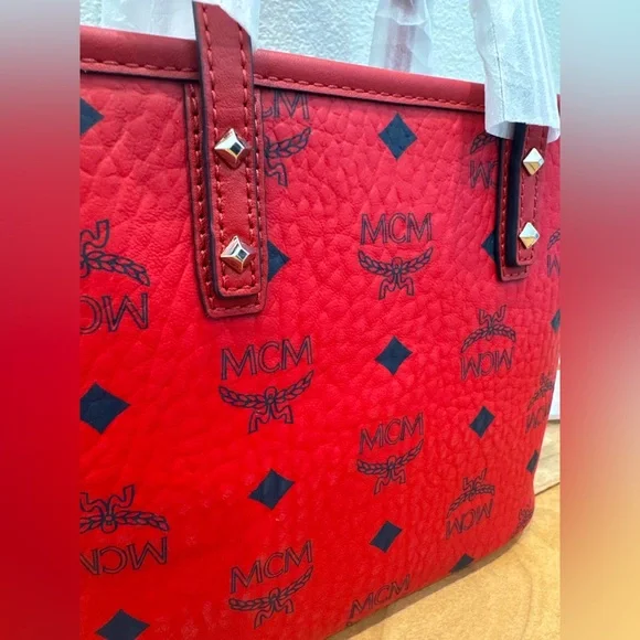 MCM Red Logo Tote with Black Monogram Accents - Picture 2 of 9